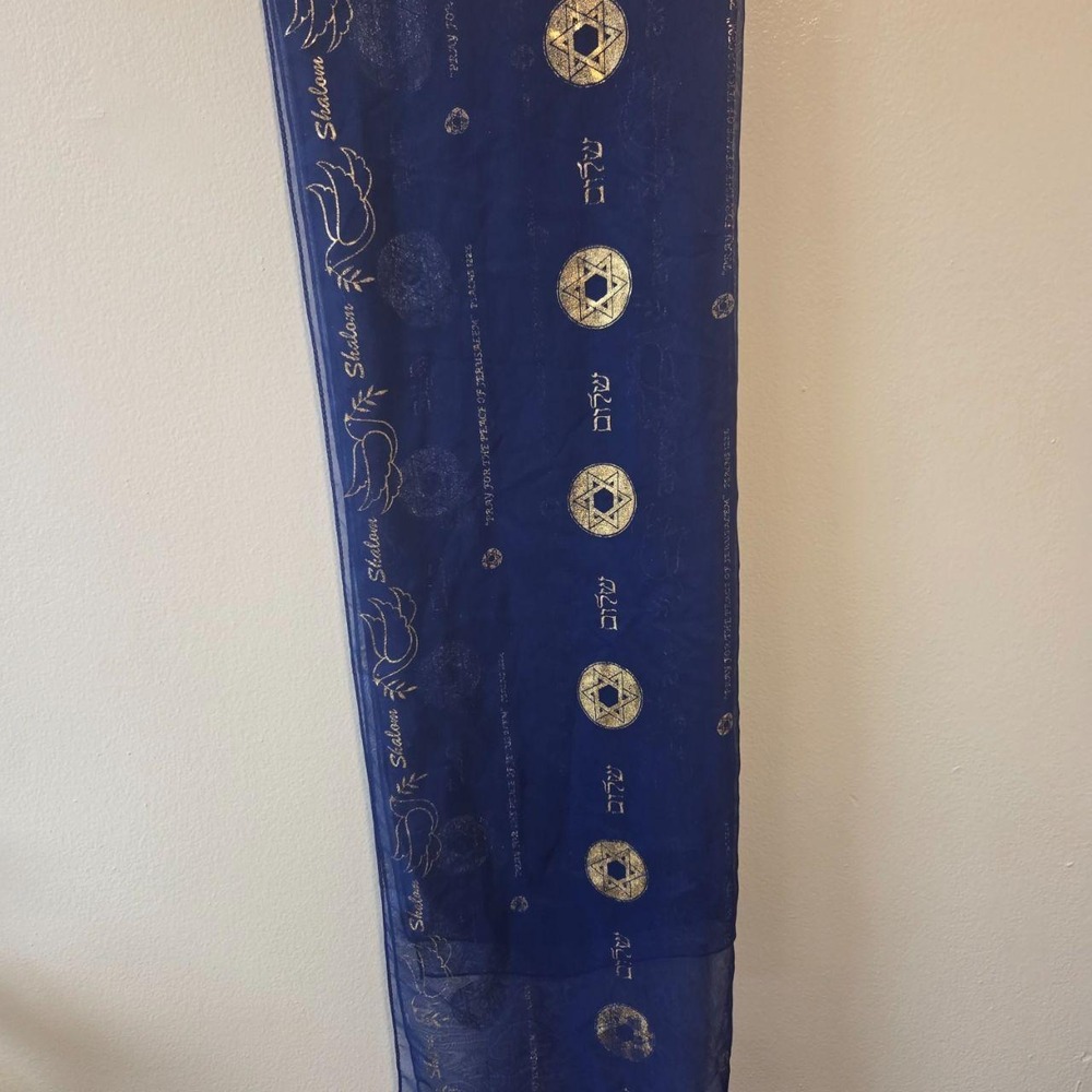 Blue Gold Star of David Shalom Jerusalem Psalm 122:6 Sheer Scarf Wrap